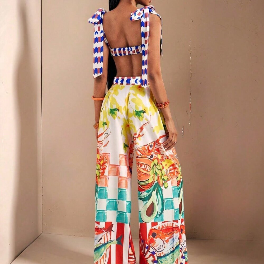 Boho Women's Beach Holiday Bowknot Shoulder Straps crop top and pants set - Picture 2 of 6